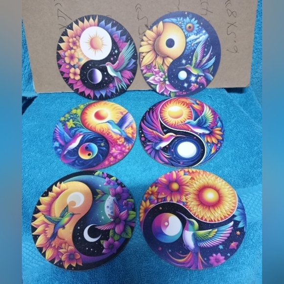 Colorful Yin Yang Bird Coasters Set Of 6 - Picture 1 of 8